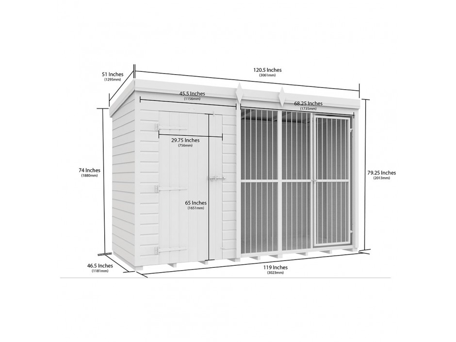 10ft X 4ft Dog Kennel and Run Full Height with Bars